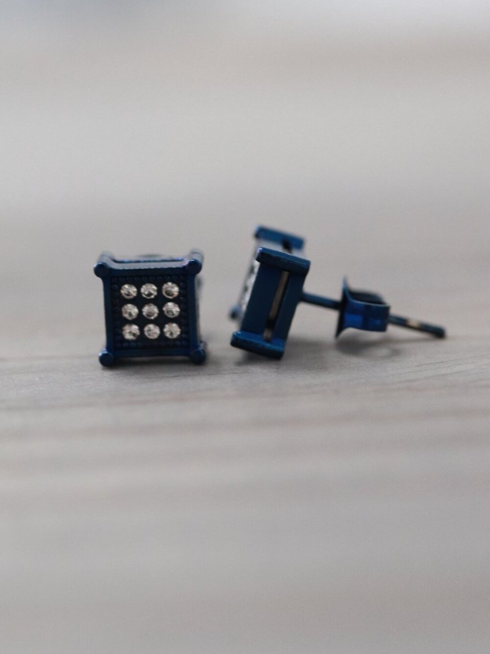 7mm Square CZ Micro Pave Style 4-Prong Stud Earrings Blue Stainless Steel